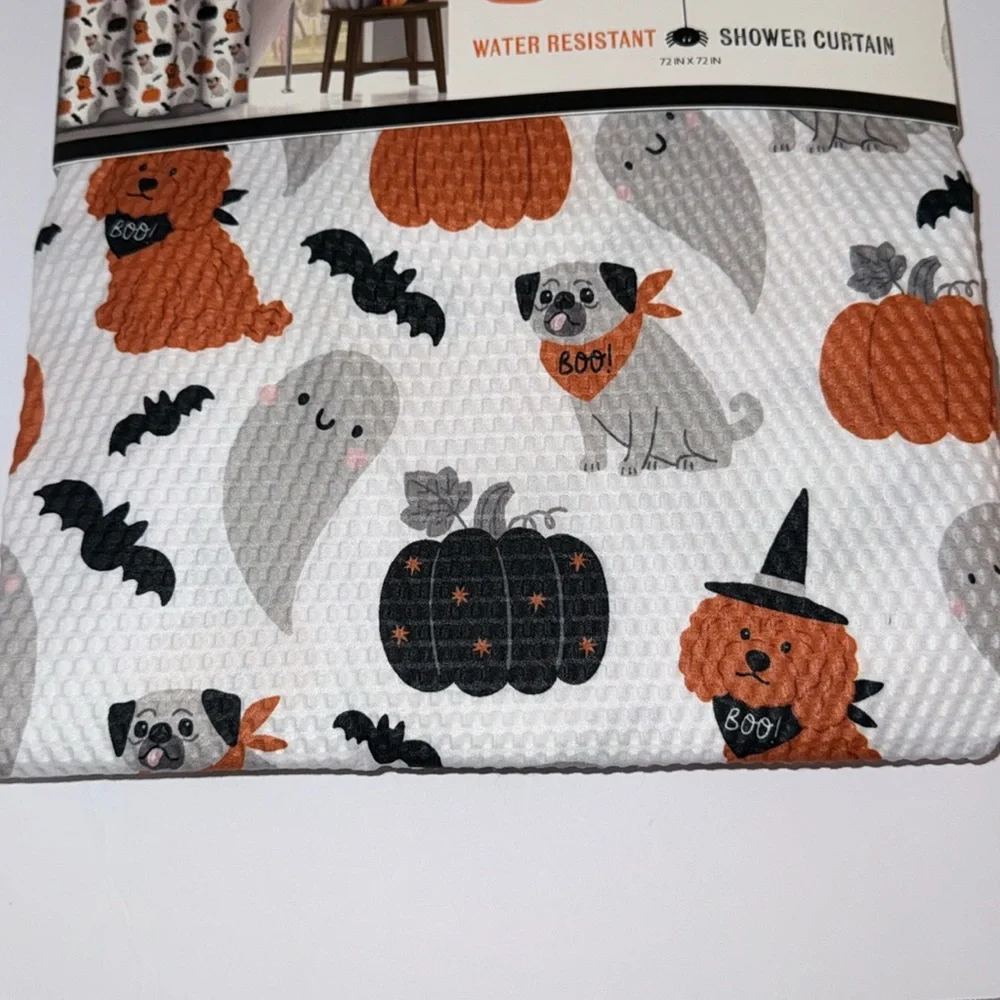 NWT Boo! Halloween Shower Curtain Dogs in Costumes Pumpkins Bats Ghosts